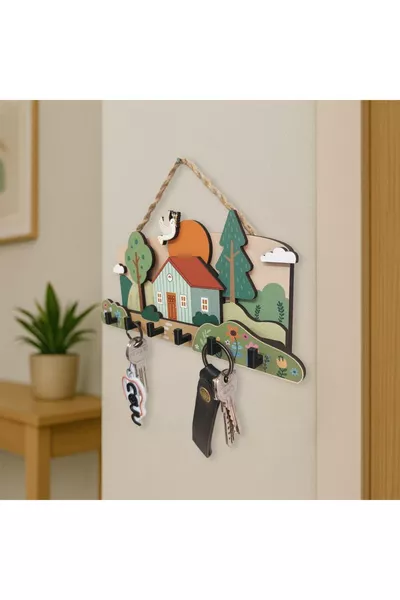 ميدالية مفاتيح جدارية زخرفية ثلاثية الأبعاد على شكل بيت ريفي خشبي لطيف