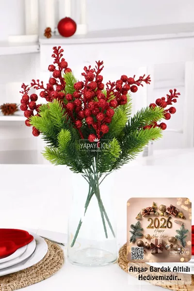 Изкуствен букет от 5 бляскави коледни шишарки с червен връх, украшение за Нова година, коледно цвете с 5 шишарки