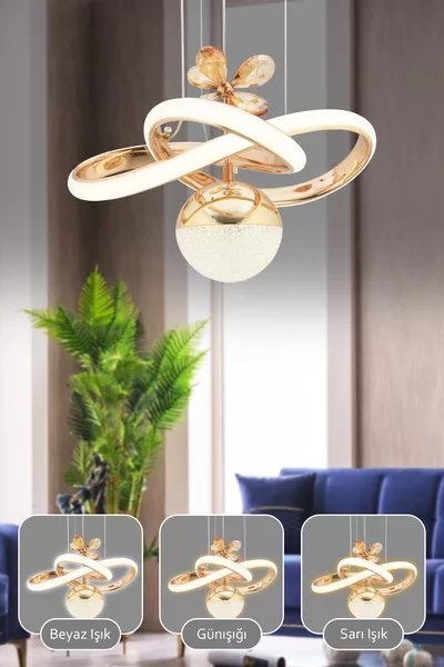 Bella Fernbedienbare Hängeleuchte mit drei Farblichtern, dimmbar, goldbeschichtet, LED-Kronleuchter für Wohnzimmer und Küche