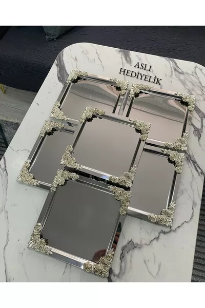 Набор из 6 предметов Люкс, 4 угла СЕРЕБРО, цветок СЕРЕБРО, квадратная сервировочная поднос-форма для чая, кофе, угощений 