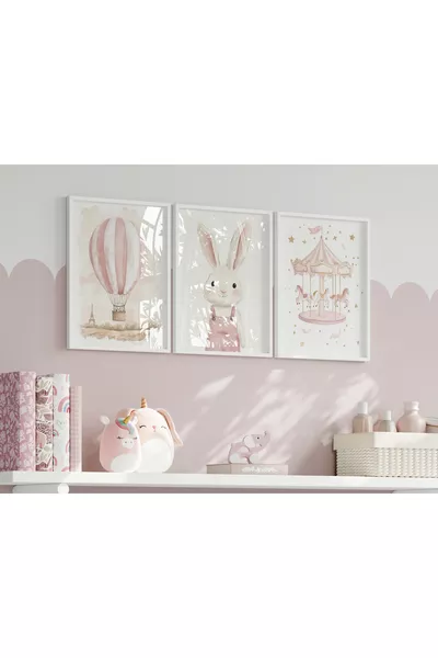 Комплект в мили розови нюанси, 3 броя безрамкови постери за детска и бебешка стая