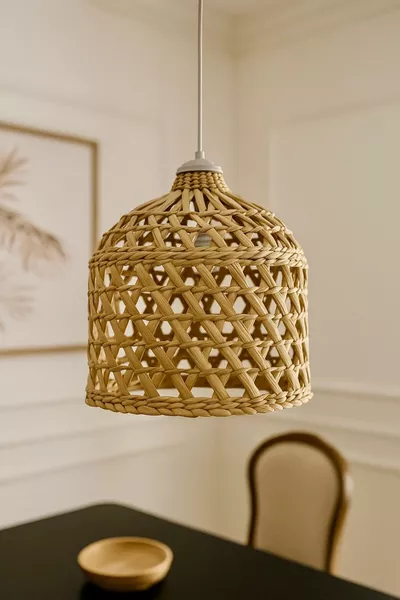 Плетена Бамбукова Рафия Бохемска Ратанова Плафониера  см (включително фасунга)