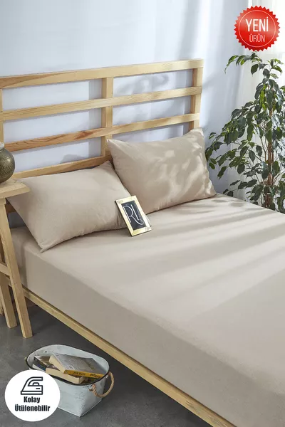 Комплект чаршафи с ластик Капучино Едноцветен Памучен с калъфки за възглавници Едноличен-Двоен-Голям