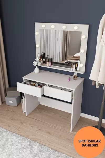 Hollywood Makeup Table with B LED Lights and Mirror, Cosmetic Table with Compartmentalized Drawer Organizer