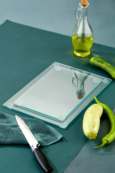 Комплект от 2 броя (*)(*) Прозрачна закалена стъклена дъска за рязане - устойчива на топлина, устойчива на чупене