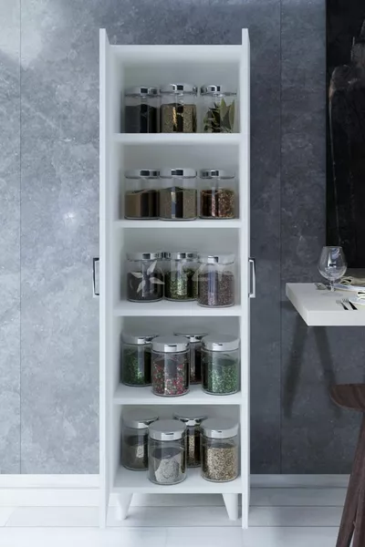 Многофункционален шкаф с 5 рафта и 2 врати R, шкаф за храни, шкаф за баня, килер, бял