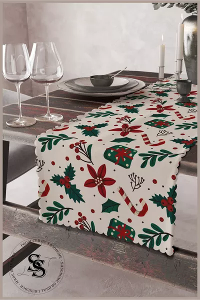 Happy New Year - Yılbaşı Süsleri Desenli Kaliteli Kadife Kumaş  Cm Dekoratif Runner