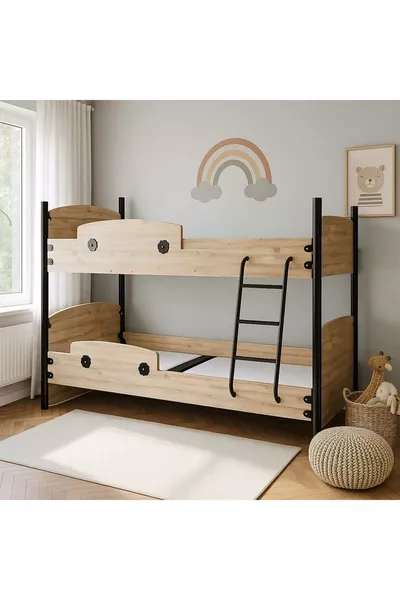 سرير بطابقين خشبي مع سلم معدني ودعم لشخصين – تصميم عصري وقوي