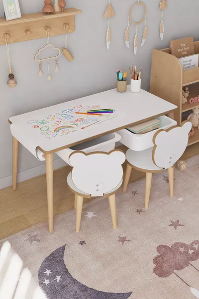 Tavolo da gioco per bambini con carta da disegno a rotolo, 2 sedie e cassetto - Panda