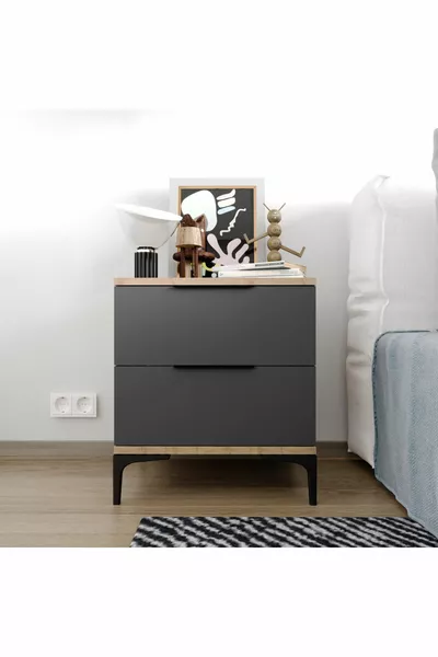 Aden 2 Lades Donkergrijs Nachtkastje, Economisch Nachtkastje, Modulair Nachtkastje
