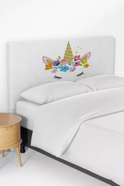 Kinderbett Bezug mit Einhorn, Kopfteil und Bettkasten