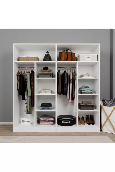 خزانة ملابس لوكاس بأربعة أبواب وعشرة رفوف - أبيض مطفي