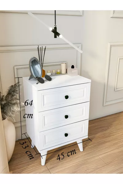 Нощно шкафче Блестящо бяло с 3 чекмеджета, странен стил за спалня