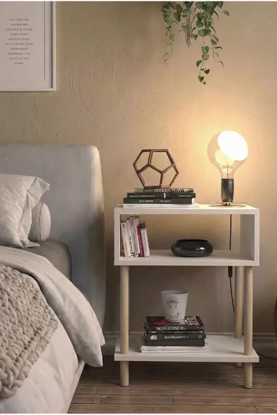 2-Shelf Modern Nightstand Bedroom Bedside Organizer Wooden Leg Side Table - White