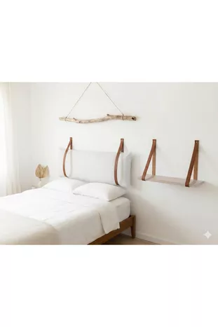 Tête de lit en cuir avec sangles + ensemble de 2 étagères murales pour chambre à coucher
