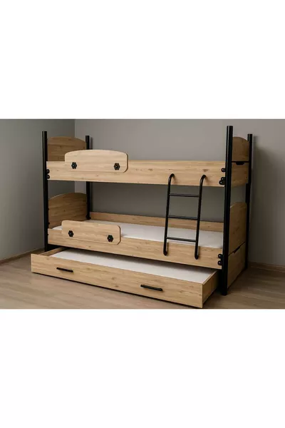 سرير بطابقين مع سلم معدني ودعم لثلاثة أشخاص – خشب طبيعي وتصميم حديث أسود