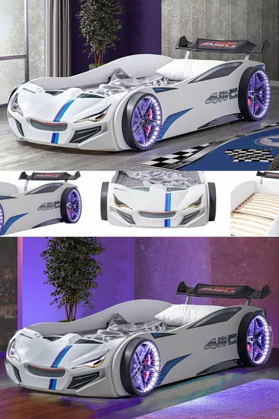 Lit voiture, Lit voiture Merso avec pare-vent et éclairage LED complet - Blanc