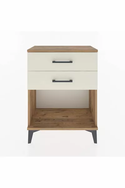 Table de chevet Arges à 2 tiroirs en pin-pierre d'onyx