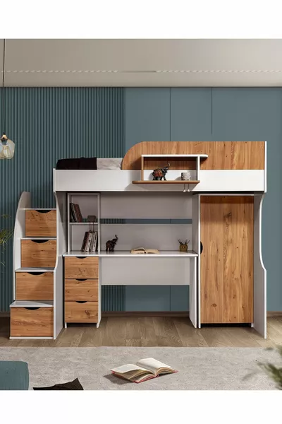 Bunk Bed, Litera Bunk Bed Wardrobe Desk, White-Dark Walnut