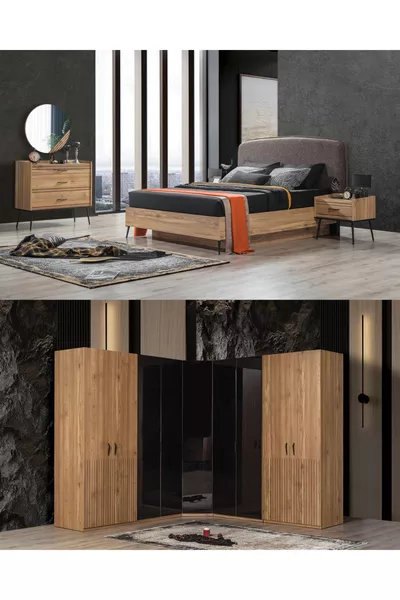 طقم غرفة نوم إيزجي (خزانة زاوية بـ 9 أبواب + خزانة أدراج + منضدة جانبية + سرير)