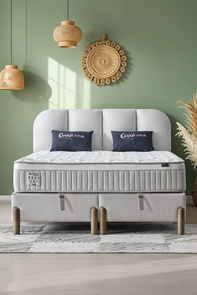 مجموعة بوهم برايم للراحة للسرير المزدوج – مرتبة بجيوب النوابض + قاعدة سرير بصندوق تخزين + رأس السرير