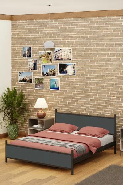 Gm  Modern Çift Kişilik Ahşap Metal Siyah Antrasit Gri Karyola 