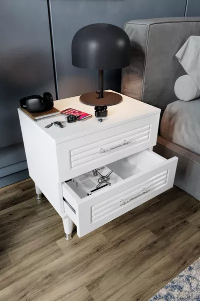 Комод с 2 выдвижными ящиками и жалюзи, белый с серебристым