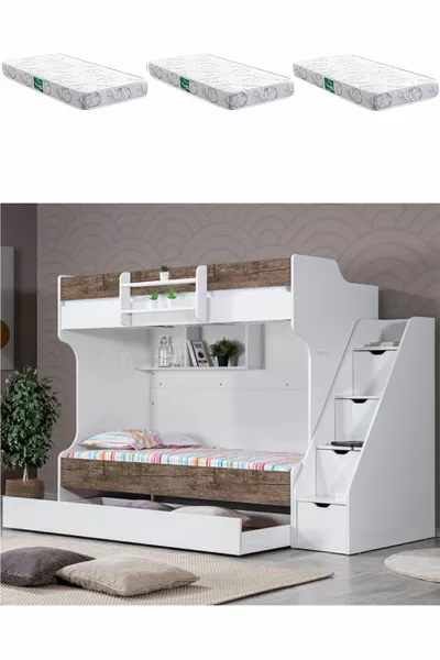 Letto a castello, Letto a castello con scomparto Kardem - Noce + 3 Materassi Comfort