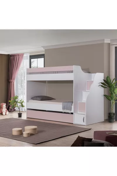 سرير طابقين، أبيض-وردي مع فراش للأطفال