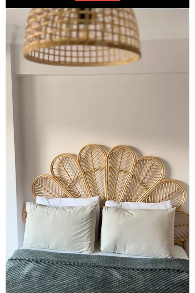 Testiera del letto in bambù e rattan intrecciato - Fatta a mano, colore naturale, matrimoniale cm