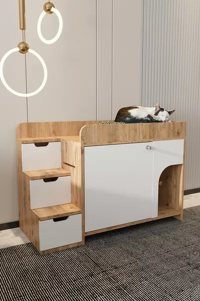 MAYA Ahşap Kedi Tuvaleti ve Yatağı Ranza Modeli-kapağı Kilitli- Kum Kabı YOK-Yatak YOK- A.ÇAM- BEYAZ