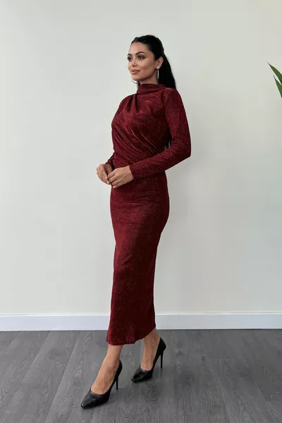 Simli Streç Kumaş Büzgü Detaylı Elbise - BORDO