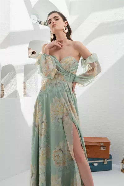 Çağla Empirme فستان سهرة طويل بأكمام منخفضة