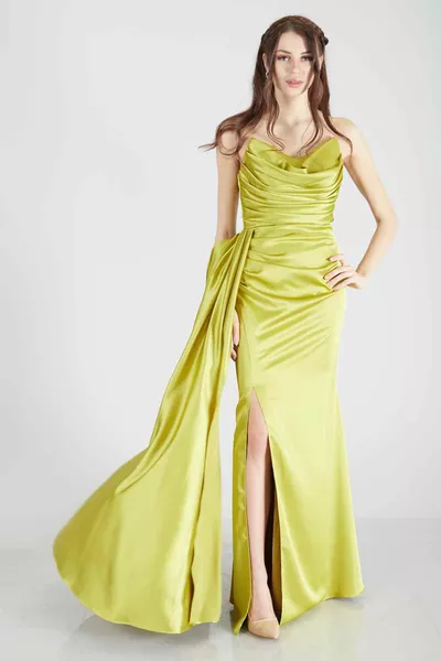 Strapless Drape Detailed Slit Satin Fabric Evening Dress Pistachio 