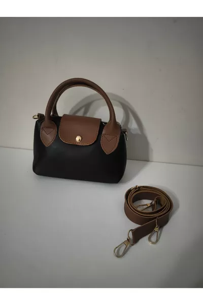 Women's Small Hand and Shoulder Bag with Faux Leather Handle Black-Tan
