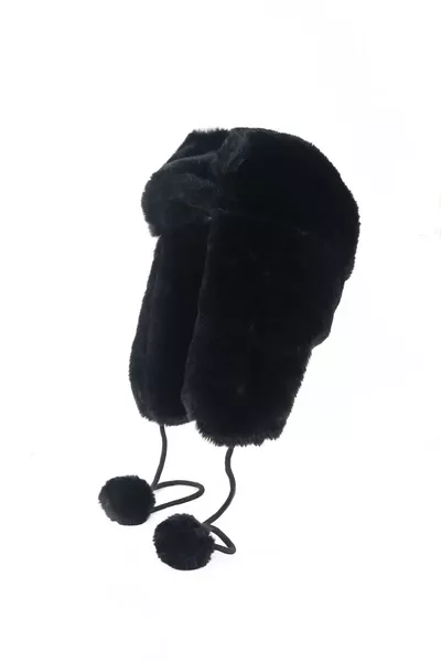 Chapeau en peluche à oreilles avec pompon en fausse fourrure - Noir