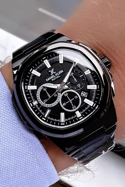 ساعة يد رجالية مقاومة للماء حتى 3 ضغط جوي باللون الأسود بسوار فولاذي + سوار من الأحجار الطبيعية 