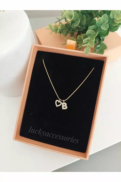 Дамско стоманено колие с минималистичен елегантен дизайн, цирконий, буква и сърце, буква B