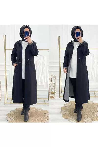 Black striped and waterproof women's trench coat