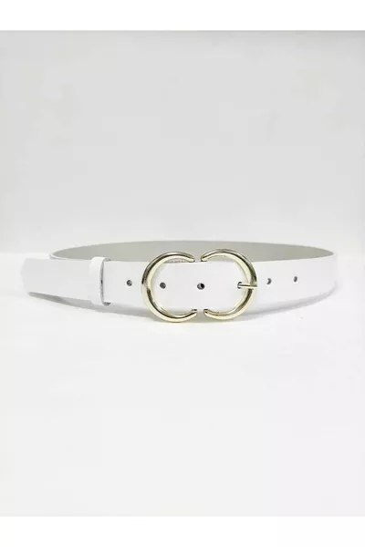 حزام نسائي أبيض من الجلد الطبيعي ٪ مع إبزيم ذهبي