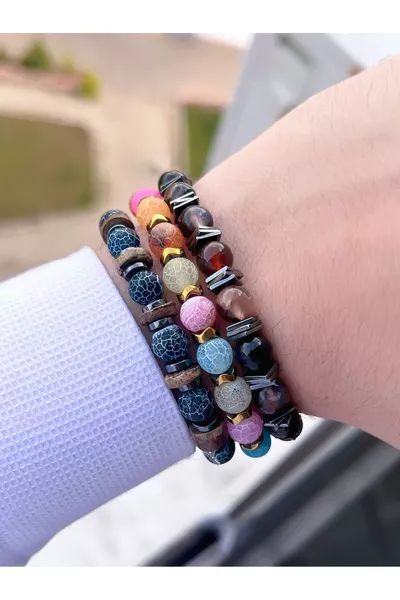 سوار الطاقة الطبيعية ثلاثي الحجر العقيق اليشم اللازورد الكلسيت الكوارتز المدخن السوداليت