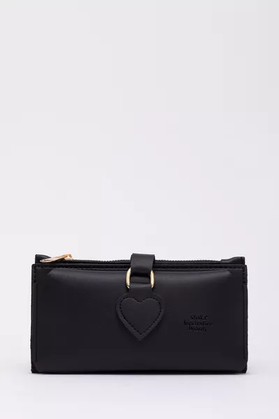 Black  Soft Faux Leather Heart Snap Wallet with Phone, Coin, and Bill Compartments and Card Slots