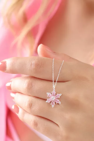  Sterling Silver Chain Pink Drop Stone Lotus Camellia Flower Necklace