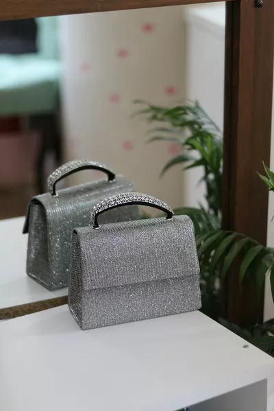 Women's Glitter Platinum Stone Detailed Evening Shoulder Bag