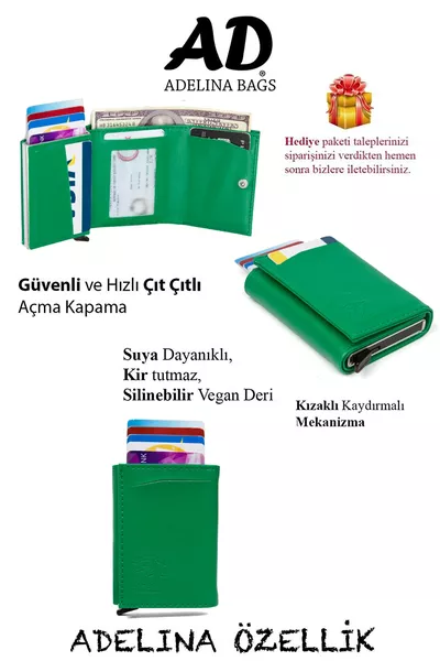 Portefeuille à cartes automatique à glissière avec mécanisme en cuir vert Adelina Nova