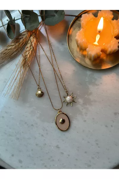 Set di Collane Triple con Ciondoli con Conchiglia/Sole in Acciaio Inossidabile L Placcato Oro