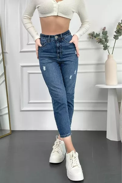 أزرق نسائي يرتديه ليكرا بويفريند جينز عالي الخصر قابل للتمدد مابل أزرق