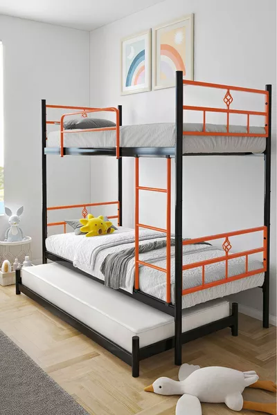 Koza Stapelbed met Lade, Geschikt voor 3 Personen, Oranje Metalen Bed