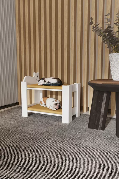 أوتيس سرير خشبي للقطط والكلاب - طابقين - مبطن بالإسفنج - أبيض