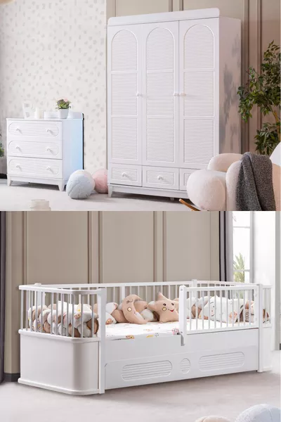 Antalya Children's Room Set, Antalya Bunk Bed with Storage, Perla 3-Door Wardrobe, Dresser - White